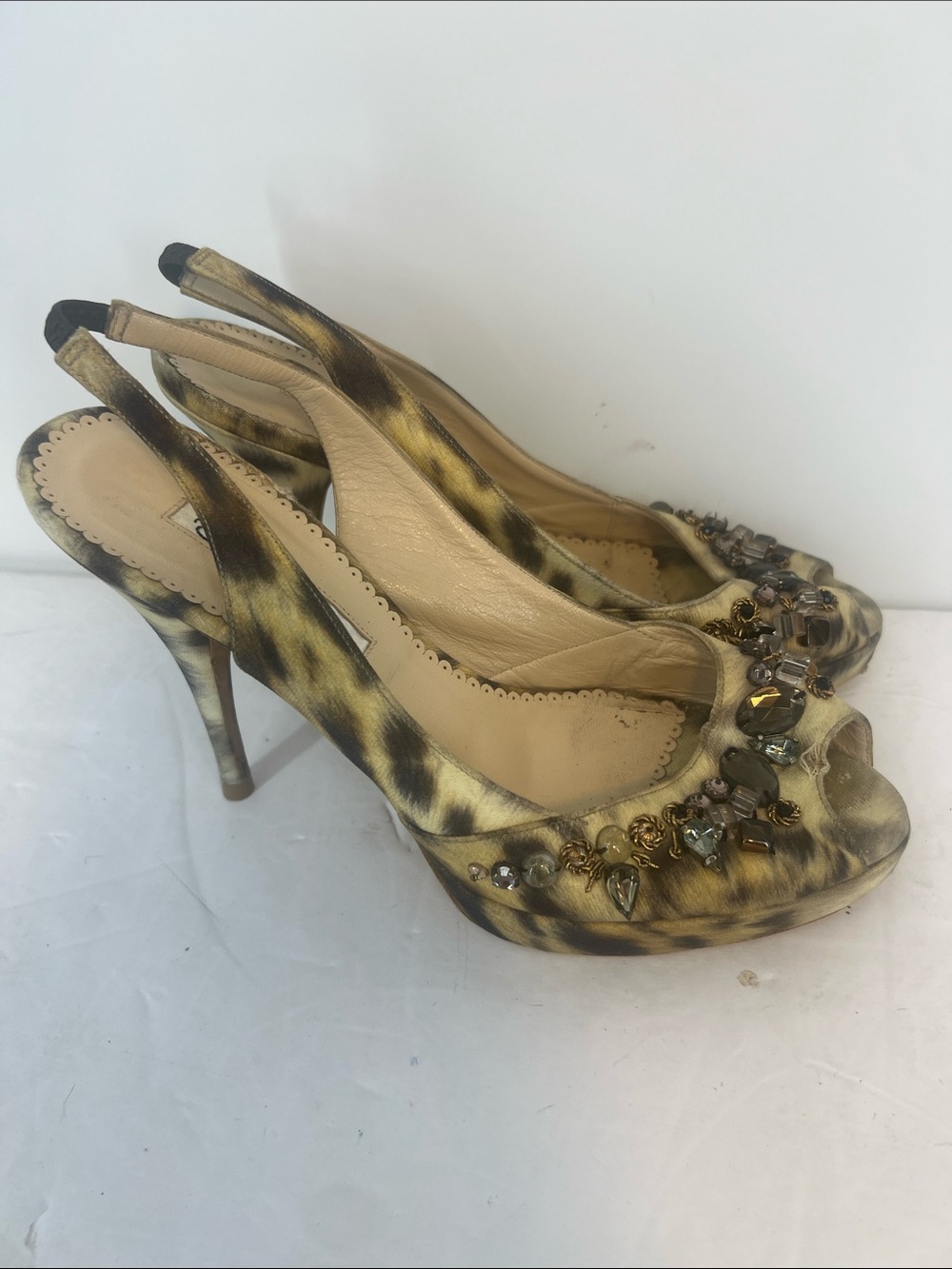Oscar de la Renta Jeweled Slingback animal print Heels Vintage - Picture 3 of 14